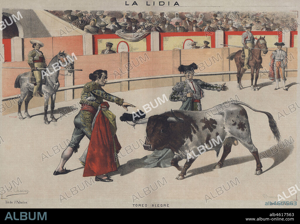 La lidia. Toreo alegre. El torero juega con el toro depositando la montera en uno de sus cuernos. Año 1886.
