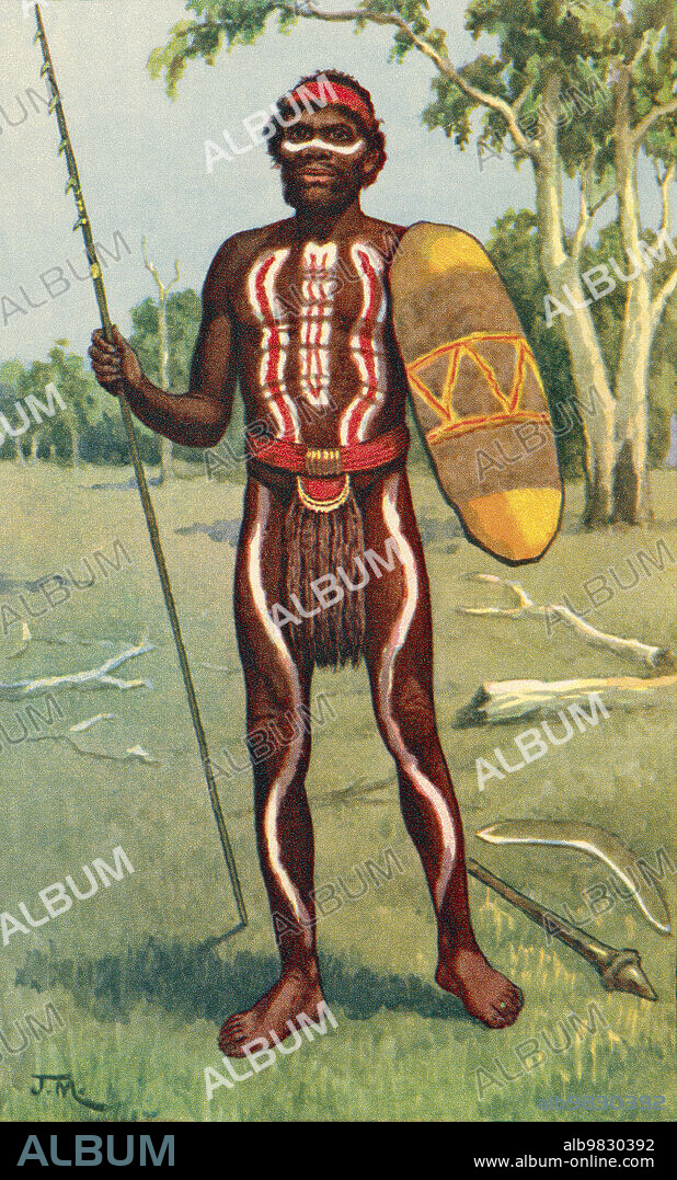 An Australian Aboriginal in full war paint. After a work by J. Macfarlane. From a contemporary print, c.1935.