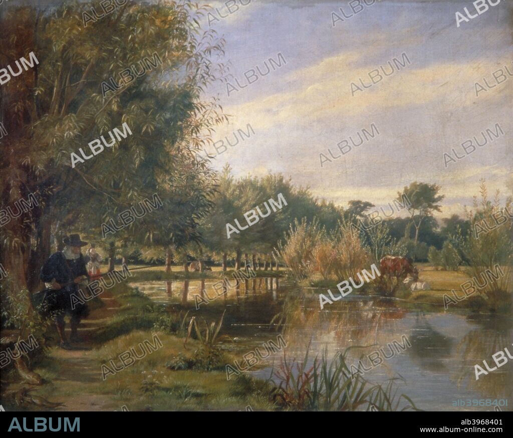 'Izaak Walton fishing', 1850. Scene also showing a woman in the background collecting fruit from a tree and cows sitting on the bank of the river.