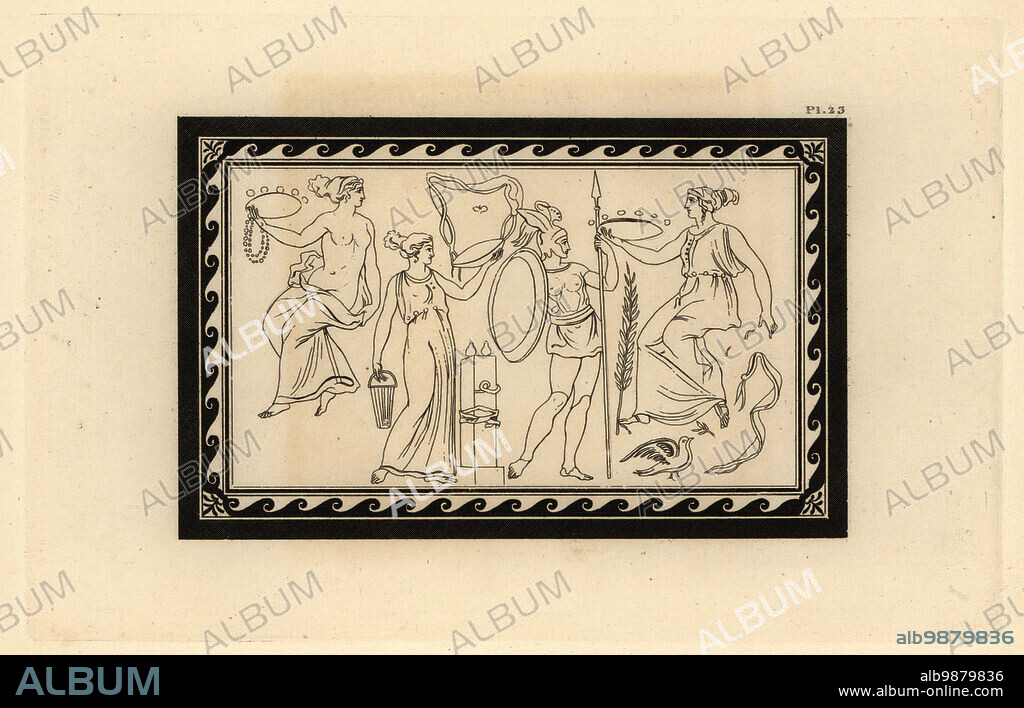 A feast of Venus, signified by the dove, and the myrtle and pearl girdles worn by the goddess and her priestesses. The pineapple on column signifies Bacchus, and the boetilus or oracular stone denotes Venus. Figure in armour, Mars. Copperplate engraving by Thomas Kirk (1765-1797) from Sir William Hamiltons Outlines from the Figures and Compositions upon the Greek, Roman and Etruscan Vases of the Late Sir Hamilton, T. MLean, London, 1834.