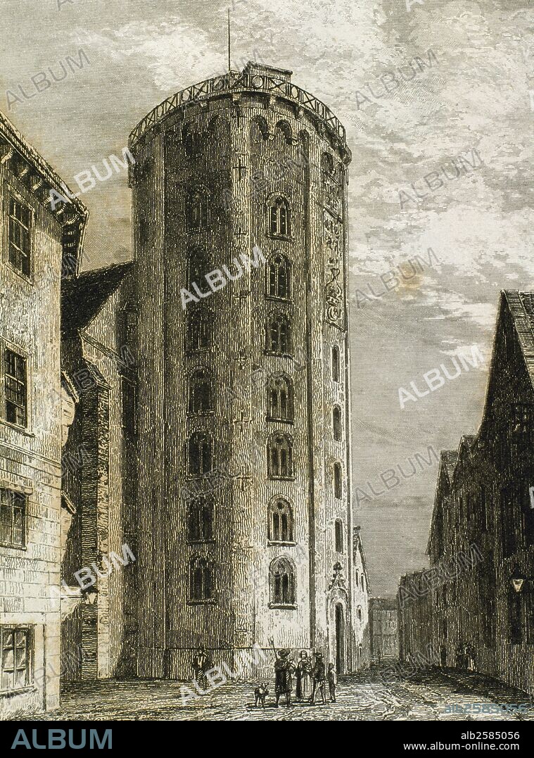 Dinamarca. Copenhague. Torre Redonda en el siglo XVII. Proyecto arquitectónico del rey Cristian IV, fue construido como un observatorio astronómico. Barroco holandés. Grabado de 1845.