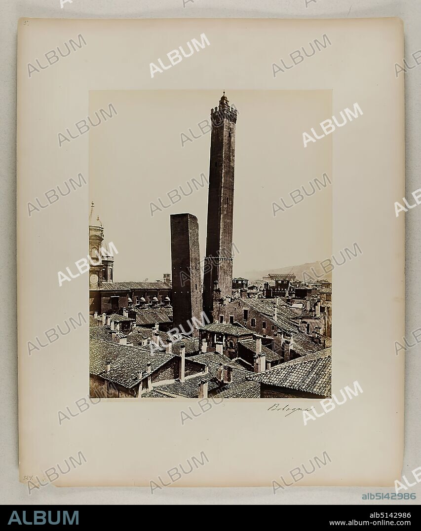 Giorgio Sommer, Bologna. Torre Asinelli e Garizenda, albumin paper, black and white positive process, sheet size: height: 25,20 cm; width: 19,50 cm, inscribed: recto and: exposed: 6602 BOLOGNA. Torre Asinelli e Garizenda, as well as handwritten on the box: Bologna, numbered: 324, stamp: on the back of the box: inventory, travel photography, architectural photography, city, city view (veduta), roof ,house, building, (city) towers, hist. building, locality, street, Bologna.