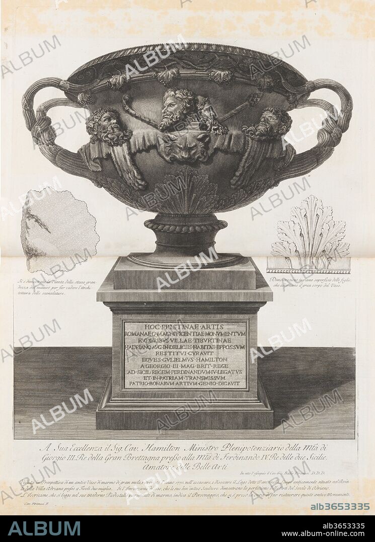 Large vase found at the Pantanello, Hadrian's Villa, Tivoli, in 1770 (The "Warwick Vase," from Vasi, candelabri, cippi, sarcofagi, tripodi, lucerne, ed ornamenti antichi disegnati ed incisi dal Cav. Gio. Batt. Piranesi, Vol. I (Vases, candelabra, grave stones, sarcophagi, tripods, lamps, and ornaments designed and etched by Cavalieri Giovanni Battista Piranesi). Artist: Giovanni Battista Piranesi (Italian, Mogliano Veneto 1720-1778 Rome). Dimensions: Sheet: 21 5/8 x 31 1/2 in. (55 x 80 cm)
Plate: 27 15/16 x 18 5/8 in. (71 x 47.3 cm) printed horizontally. Series/Portfolio: Vasi, candelabri, cippi, sarcofagi, tripodi, lucerne, ed ornamenti antichi disegnati ed incisi dal Cav. Gio. Batt. Piranesi, Vol. I. Date: 1778-80.