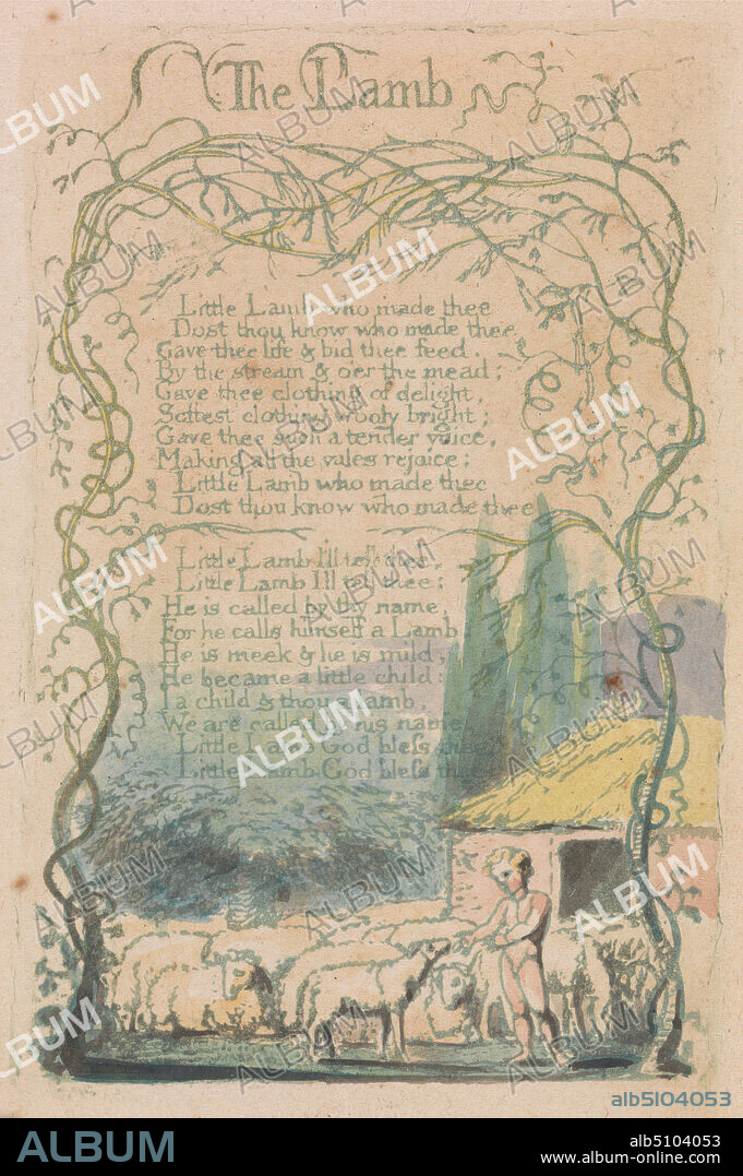 Songs of Innocence and of Experience, Plate 18, 'The Lamb' (Bentley 8), Print made by William Blake, 17571827, British, 1789, Relief etching printed in green with pen and black ink and watercolor on moderately thick, slightly textured, cream wove paper, Sheet: 7 1/4 x 4 3/4 inches (18.4 x 12.1 cm), Plate: 4 3/4 x 3 inches (12.1 x 7.6 cm), and Plate: 4 1/2 x 3 inches (11.4 x 7.6 cm), book, boy, branches, children, dancing, grass, hills, historical subject, house, lamb, leaf, reading, sheep, shepherd, text, trees, vegetation, vines, woman.