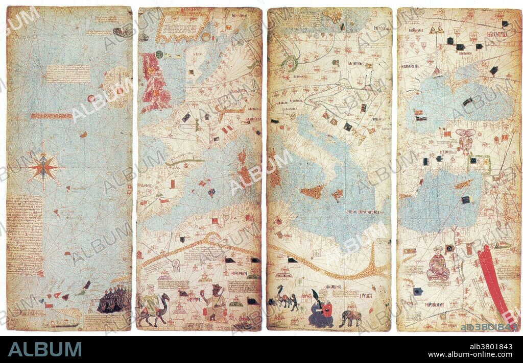 The Catalan Atlas is the most important Catalan map of the medieval period (drawn and written in 1375). It was produced by the Majorcan cartographic school and is attributed to Cresques Abraham (also Abraham Cresques), a Jewish book illuminator who was self-described as being a master of the maps of the world as well as compasses. These four remaining leaves make up the actual map, which is divided into two principal parts. The map shows illustrations of many cities, whose political allegiances are symbolized by a flag. Christian cities are marked with a cross, other cities with a dome. Wavy blue vertical lines are used to symbolize oceans. Place names of important ports are transcribed in red, while others are indicated in black. Unlike many other nautical charts, the Catalan Atlas is read with the north at the bottom. As a result of this the maps are oriented from left to right, from the Far East to the Atlantic.