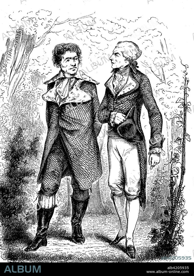 Marat und Robespierre. Jean-Paul Marat, 1743 ? 13 July 1793, a French political theorist, physician, and scientist who became best known for his role as a radical journalist and politician during the French Revolution. Maximilien Fran?ois Marie Isidore de Robespierre, 1758 ? 1794, a French lawyer and politician, reproduction of a woodcut from the year 1880, digital improved.