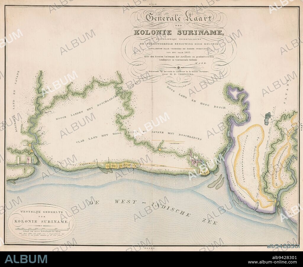 Part of a map of Suriname, Generale kaart der kolonie Suriname, hoofdzakelijk voorstellende de tegenwoordige bebouwing dier kolononie (title on object), print maker: Daniël Veelwaard (I), (mentioned on object), print maker: Daniël Veelwaard (II), (mentioned on object), G. Mabé, (mentioned on object), print maker: Amsterdam, Suriname, publisher: Groningen, 1835, paper, etching, engraving, height 524 mm × width 627 mm.