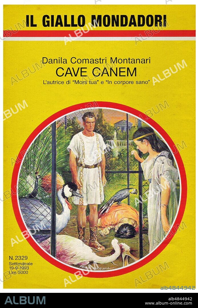 ROMANZO GIALLO Cover of the novel 'Cave Canem' by Danila Comastri Montanari (November 4, 1948), the third of the saga set in ancient Rome featuring the patrician senator Publio Aurelio Stazio. Illustration of the Spanish Prieto Muriana (1 January 1931), Collection 'Il Giallo Mondadori', Italy, 19 September 1993.