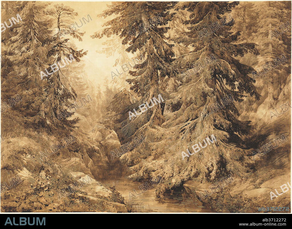 ALEXANDRE CALAME. An Ancient Pine Forest with a Mountain Stream. Dated: 1847. Dimensions: overall: 61.2 x 84.2 cm (24 1/8 x 33 1/8 in.). Medium: watercolor and gouache over charcoal  on wove paper.