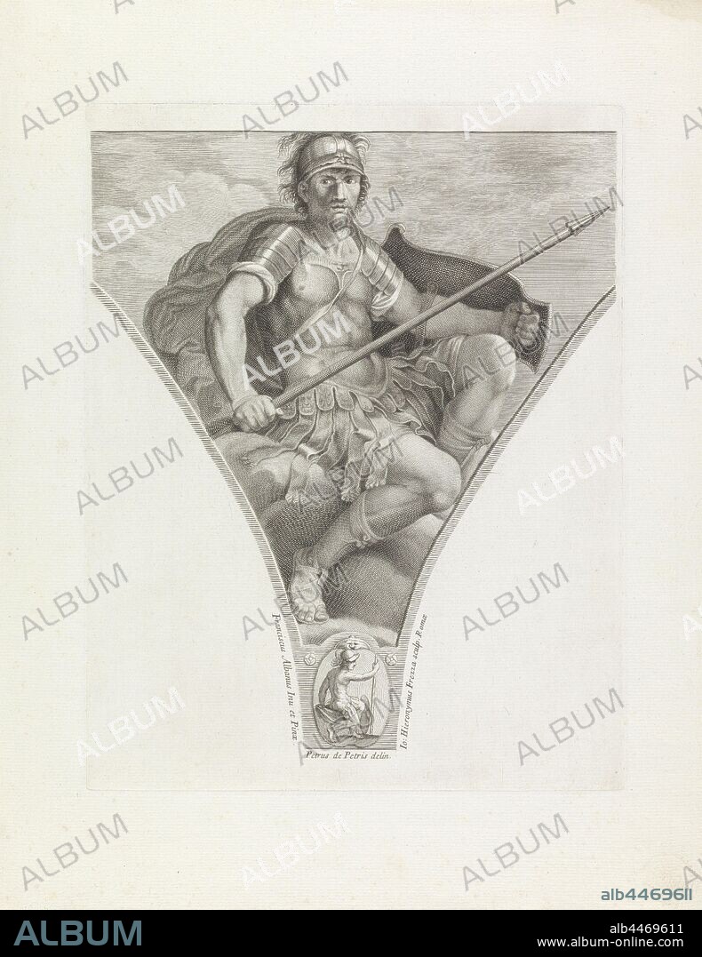 Mars Paintings by Francesco Albani (series title), The war god Mars with shield and spear. Decoration of a pendentief., (Story of) Mars (Ares), Giovanni Girolamo Frezza (mentioned on object), 1704, paper, engraving, h 360 mm × w 282 mm.