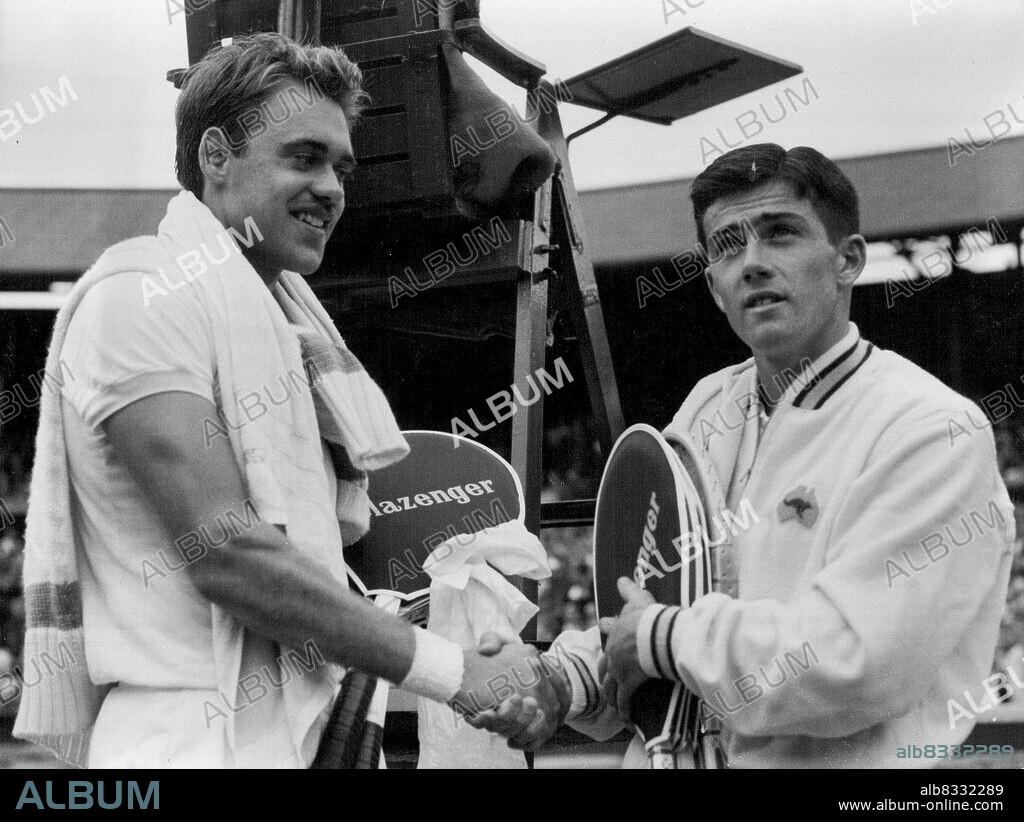 Upset win at Wimbledon -- Unseeded Kurt Nielsen, Denmark, defeated second seeded Ken Rosewall, Australia, today June 29, in the Wimbledon men's singles semi-finals he won 11-9; 6-2; 2-6; 6-4.Here Kurt Nielsen (left) and Ken Rosewall on the court after the match. June 29, 1955. (Photo by Associated Press Photo).