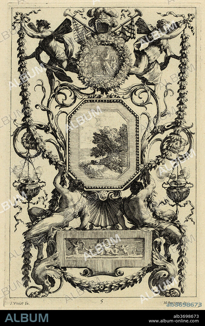 MICHEL DORIGNY, AFTER SIMON VOUET. Ornamental Panel Surmounted by a Medallion with a Sacrifice. Dated: 1647. Dimensions: sheet: 45 × 23.2 cm (17 11/16 × 9 1/8 in.)  sheet: 24.6 × 16 cm (9 11/16 × 6 5/16 in.). Medium: etching with engraving on laid paper.