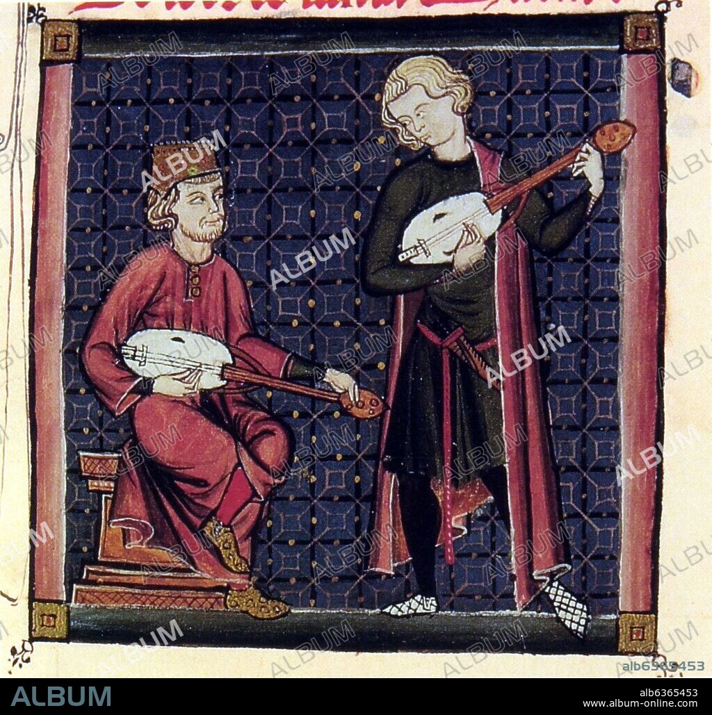 ALFONSO X DE CASTILLA EL SABIO. M.B.I.2-CANTIGA DE STA MARIA Nº140-F140V-CODICE DE LOS MUSICOS-VIHUELA DE PEÑOLA-S XIII MINIATURA.