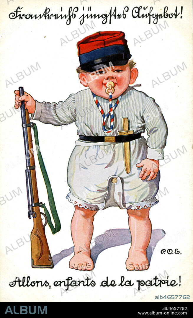 Allons enfants de la patrie! (soldat francais en bebe avec tetinne). Caricature pour une carte postale allemande de 1914. Credit : IM/Kharbine-Tapabor.