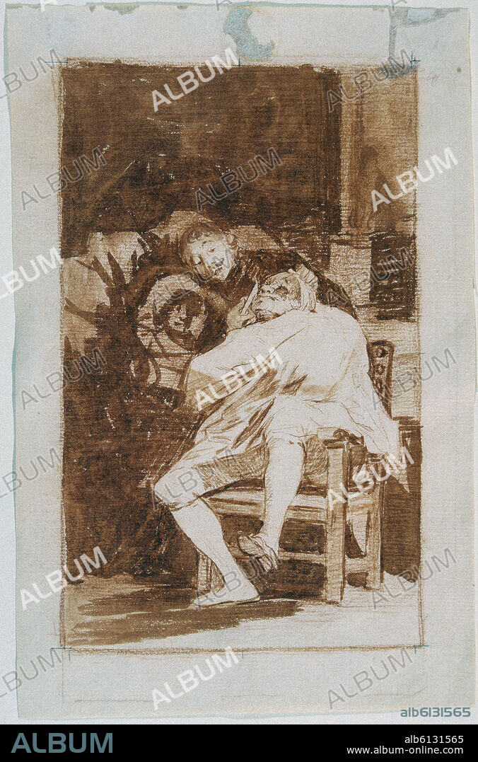 FRANCISCO DE GOYA. DIBUJO NO GRABADO PARA EL CAPRICHO 35 - LE DESCAÑONAN - EN CASA DEL BARBERO - SANGUINA - 1797-1798 - 240x154.