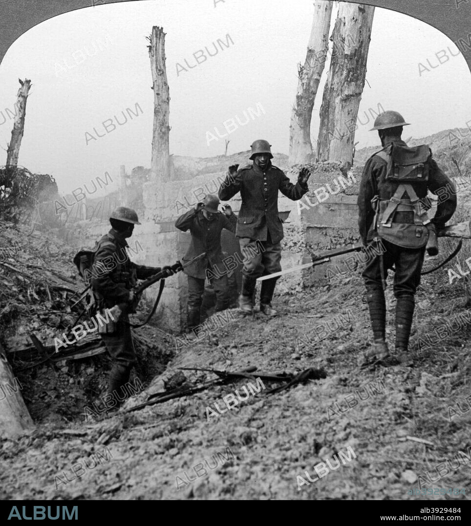 German soldiers surrendering, Bullecourt, France, World War I, 1914-1918. British and Australian troops captured Bullecourt from the Germans in May 1917 during the Battle of Arras. Stereoscopic card detail.