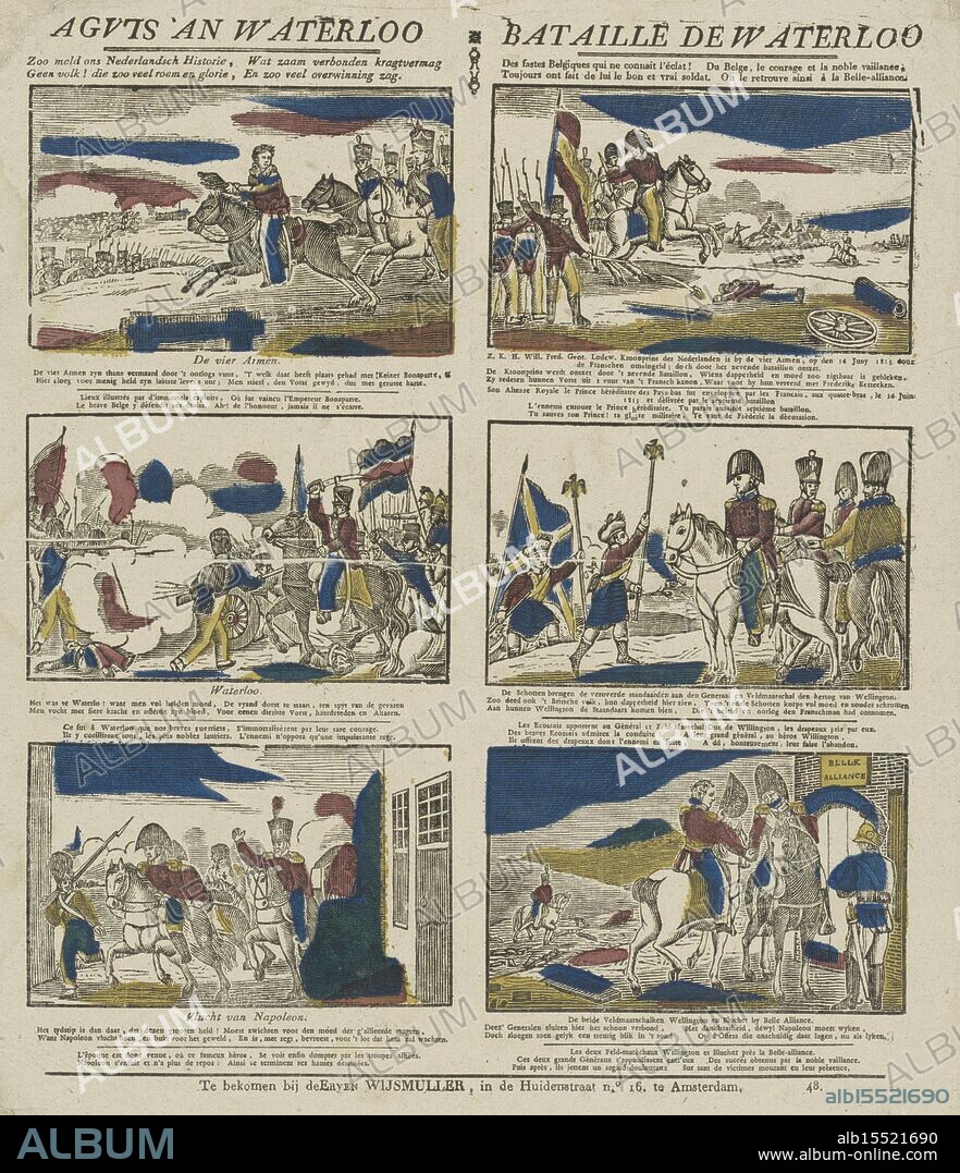 Turnhout, Brepols, Philippus Jacobus, Amsterdam, Wijsmuller, Erve, Agvts an Waterloo, Bataille de Waterloo, verso - stamped, Sheet with 6 scenes about the Battle of Waterloo. Below each scene a four-line verse in Dutch and French. Numbered lower right: 48., print, prent, volksprent, prints, prenten, volksprenten, height 390 mm, width 340 mm, Dutch, seller, 1828 - 1913, paper, papier, woodcut, colours, letterpress printing, Publication (Event), Publicatie, Belgisch, 1778 - 1845, publisher, uitgever, print maker, prentmaker.