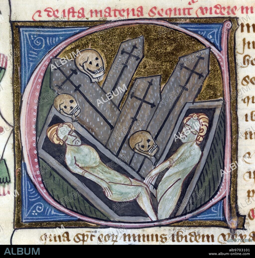 Coffins and corpses in a cemetery, 1360-1375. Miniature with initial 'C', a scene representing a cemetery with open and closed coffins, green corpses and skeletons. From Omne Bonum by James le Palmer. (London, 1360-1375).