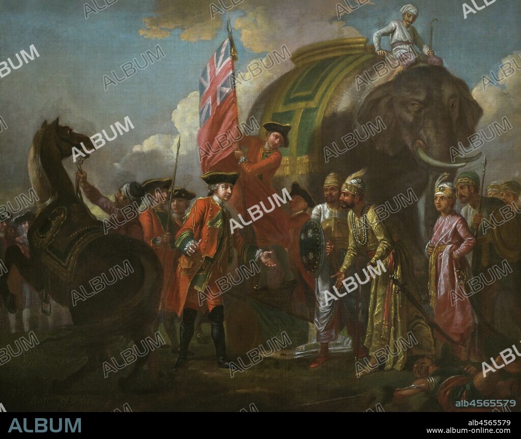 Robert Clive (1725-1774). First Britain Governor of the Bengal Presidency. Syed Mir Jafar Ali Khan Bahadur (1691-1765). Military general who became the first dependent Nawab of Bengal of the British East Indian Company. Robert Clive and Mir Jafar after the Battle of Plassey, 1757. Painting by Francis Hayman (1708-1776). Oil on canvas, c. 1760 (100,3 x 127 cm). National Portrait Gallery. London, England, United Kingdom.
