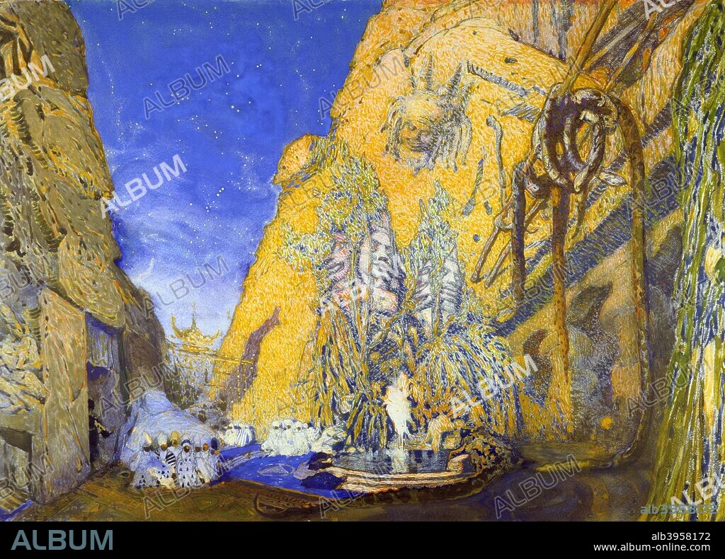 Set design for a Ballets Russes production of Le Dieu Bleu (The Blue God), 1911. Story by Jean Cocteau and Frederigo de Madrazo, Music by Reynaldo Hahn. Publised in L'Art Decoratif de Leon Bakst. (Paris, 1913). From a private collection.