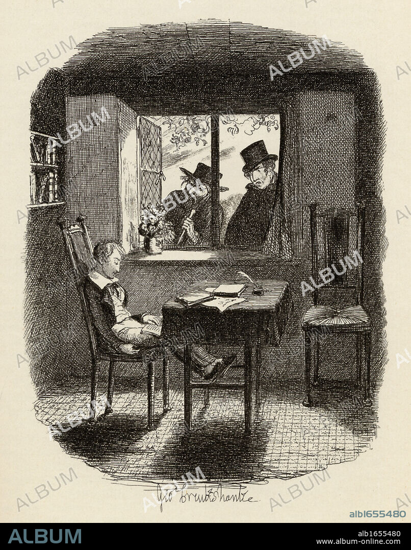 Monks and the Jew. From the book "The Adventures of Oliver Twist" by Charles Dickens, with illustrations by G.Cruikshank. Published by Chapman and Hall, London 1901.