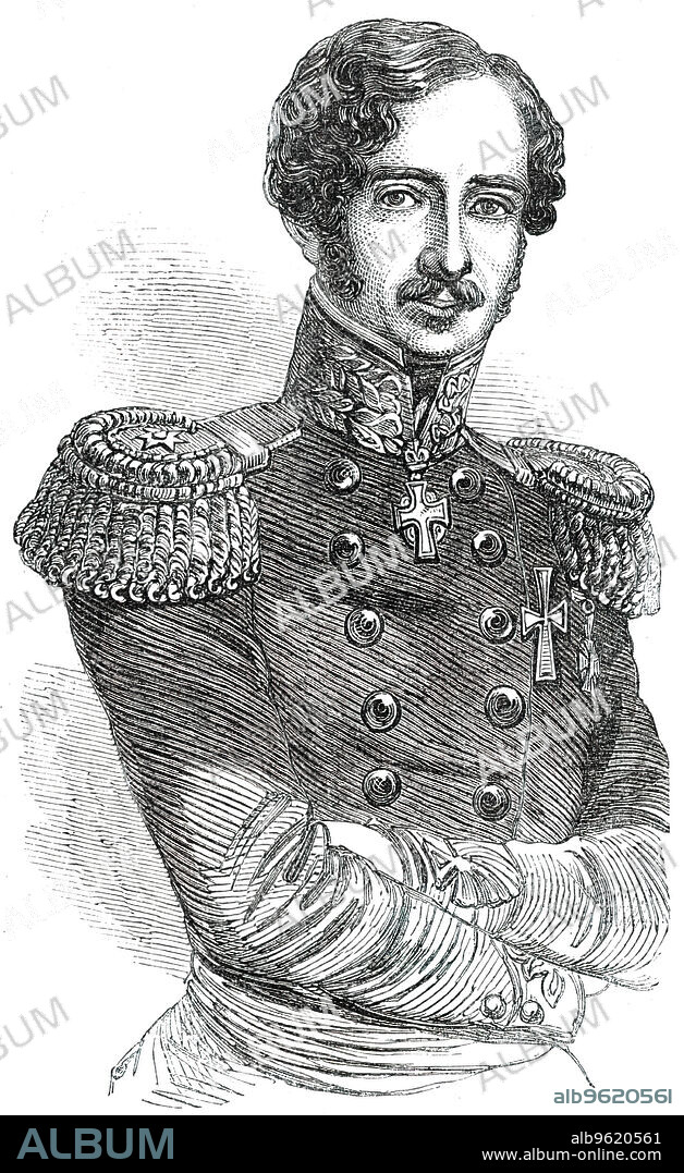 Christian Julius de Meza, Major-General, and Commander-in-Chief of the Danish Artillery, 1850. Portrait of Danish military leader Christian de Meza. 'His favourite horse, which had borne him through all the previous engagements, having received several wounds, he dismounted, and under the melancholy impression that he had lost the faithful animal for ever, he commenced writing a report to the Commander-in-Chief. When, therefore, this being concluded, the horse was brought back to him refreshed and strengthened, he was so overcome by emotion that he threw his arms round the neck of the animal, and gave it an affectionate kiss...Notwithstanding his chivalrous bravery, General de Meza has escaped unhurt from every engagement in which he has taken part; but at the battle of Idstedt, the favourite charger, mentioned above, was shot under him...', From "Illustrated London News", 1850.