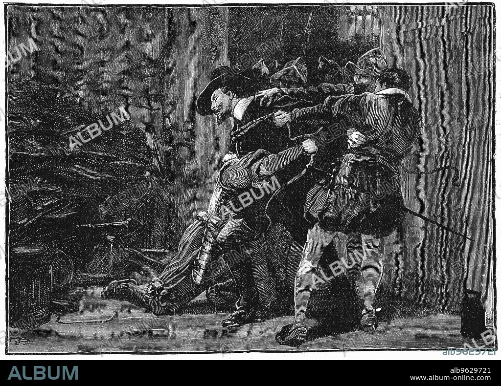 Arrest of Guy Fawkes in cellars of Parliament, 1605 (19th century). Gunpowder Plot, Roman Catholic conspiracy to blow up English Houses of Parliament on 5 November 1605 when James I due to open new session. 19th century wood engraving.