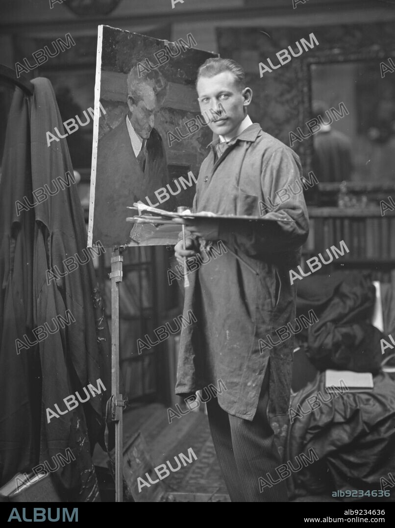 Williamson, J.M., Mr., painting an Arnold Genthe portrait, portrait photograph, not before 1915.