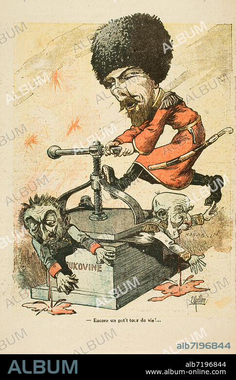 E. MULLER. L'Illustré National. L'Illustré National, Histoire anecdotique de la guerre européenne. Hebdomadaire paru entre 1898 et 1922. Géré d'abord par V.Voinot puis par Jules Tallandier (aujourd'hui Éditions Tallandier). Illustration du dessinateur satirique E.Muller ; caricature de l'empereur Nicolas II sur une presse écrasant l'empereur allemand Guillaume II et l'empereur François-Joseph Ier d'Autriche. Illustration, 1916. Collection particulière.