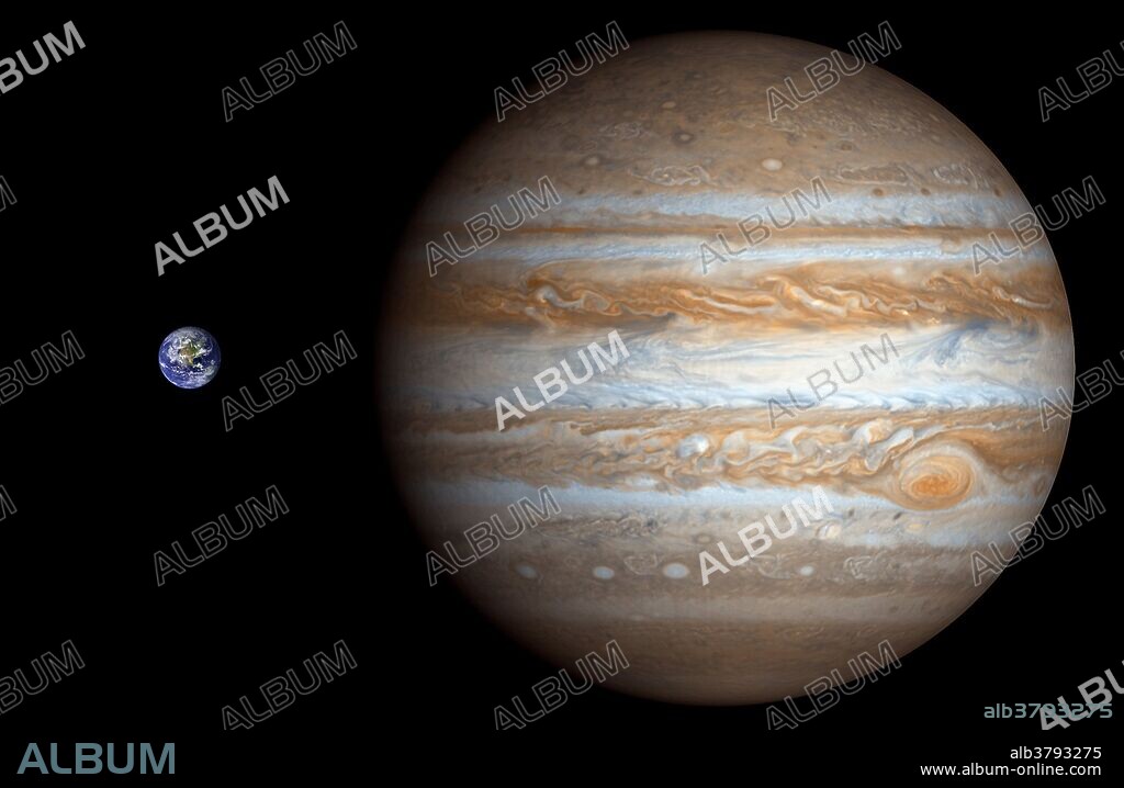 Composite image illustrating the size of Jupiter (right), fifth planet from the Sun and the largest planet in the Solar System, in comparison to Earth (left), the third planet from the Sun. Distance between planets not to scale.