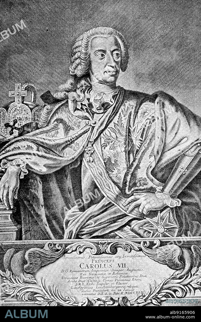 Charles Albrecht of Bavaria (born 6 August 1697) (died 20 January 1745) of the House of Wittelsbach was Elector and Duke of Bavaria as Charles I from 1726 to 1745. After the death of Emperor Charles VI in 1740, from 1742 to 1745 as Charles VII Emperor of the Holy Roman Empire, Historical, digitally restored reproduction of a 19th century original, exact original date unknown.