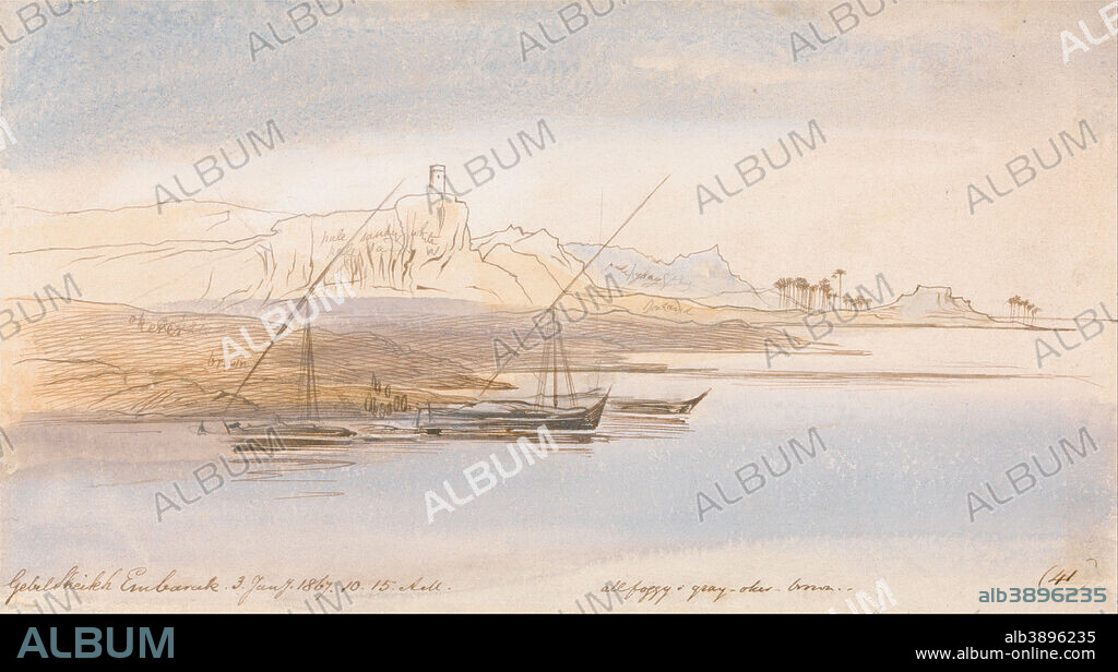 EDWARD LEAR. Gebel Sheikh Embarak. Date/Period: 1867. Marine art. Watercolor with pen in brown ink over graphite on moderately thick, slightly textured, cream wove paper. Height: 130 mm (5.11 in); Width: 235 mm (9.25 in).