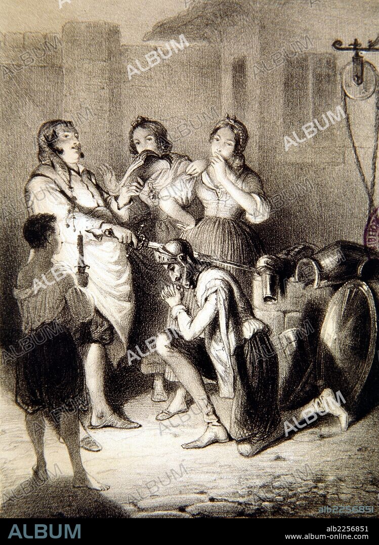 MIGUEL DE CERVANTES SAAVEDRA. CERVANTES SAAVEDRA , MIGUEL. QUIJOTE, DON. ESCRITOR ESPAÑOL. ALCALA DE HENARES 1547-1616. ILUSTRACION PARA "DON QUIJOTE". " DON QUIJOTE ES ARMADO CABALLERO ". EDITADO EN PARIS AÑO 1845. BIBLIOTECA NACIONAL. MADRID.