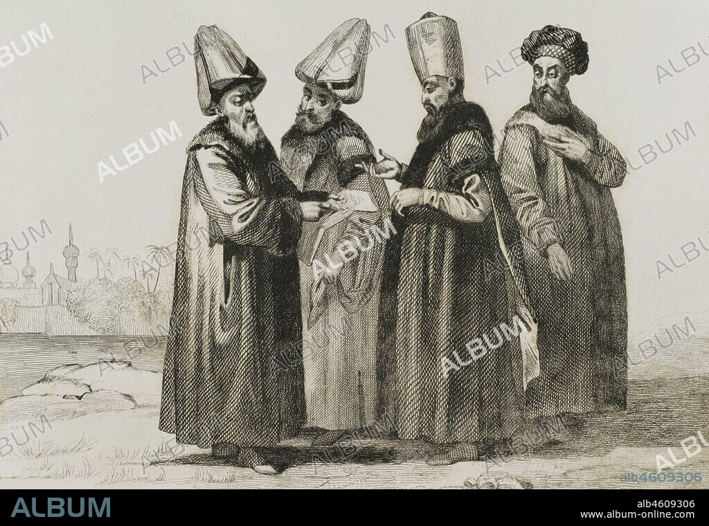Imperio Otomano. Turquía. De izquierda a derecha: Gran Visir, Caimacan, Reis Effendi y Cadjehiam miembro del diván. Grabado por Lemaitre, H. Lalaisse y Lesueur. Historia de Turquía, por Joseph Marie Jouannin (1783-1844) y Jules Van Gaver. Panorama Univeral. Edición española de 1840.