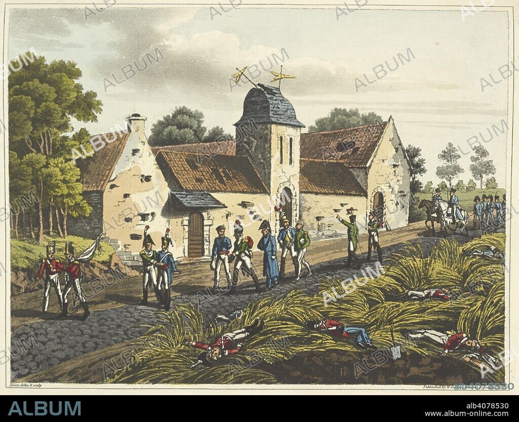 JAMES ROUSE and WILLIAM MUDFORD. The farm house of Mont. St.Jean (Mont-Saint-Jean). This house was close in the rear of the action (the Battle of Waterloo), it was much dilapidated by random shot'. An Historical Account of the Campaign in the Netherlands, in 1815, under His Grace the Duke of Wellington, and Marshal Prince Blucher, comprising the battles of Ligny, Quatrebras, and Waterloo; with a detailed narrative of the political events connected with those memorable conflicts down to the surrender of Paris, and the departure of Bonaparte for St. Helena ... Embellished with ... plates ... from drawings ... by James Rouse. London : Henry Colburn, 1817. Source: 193.e.9 Plate IX - H.
