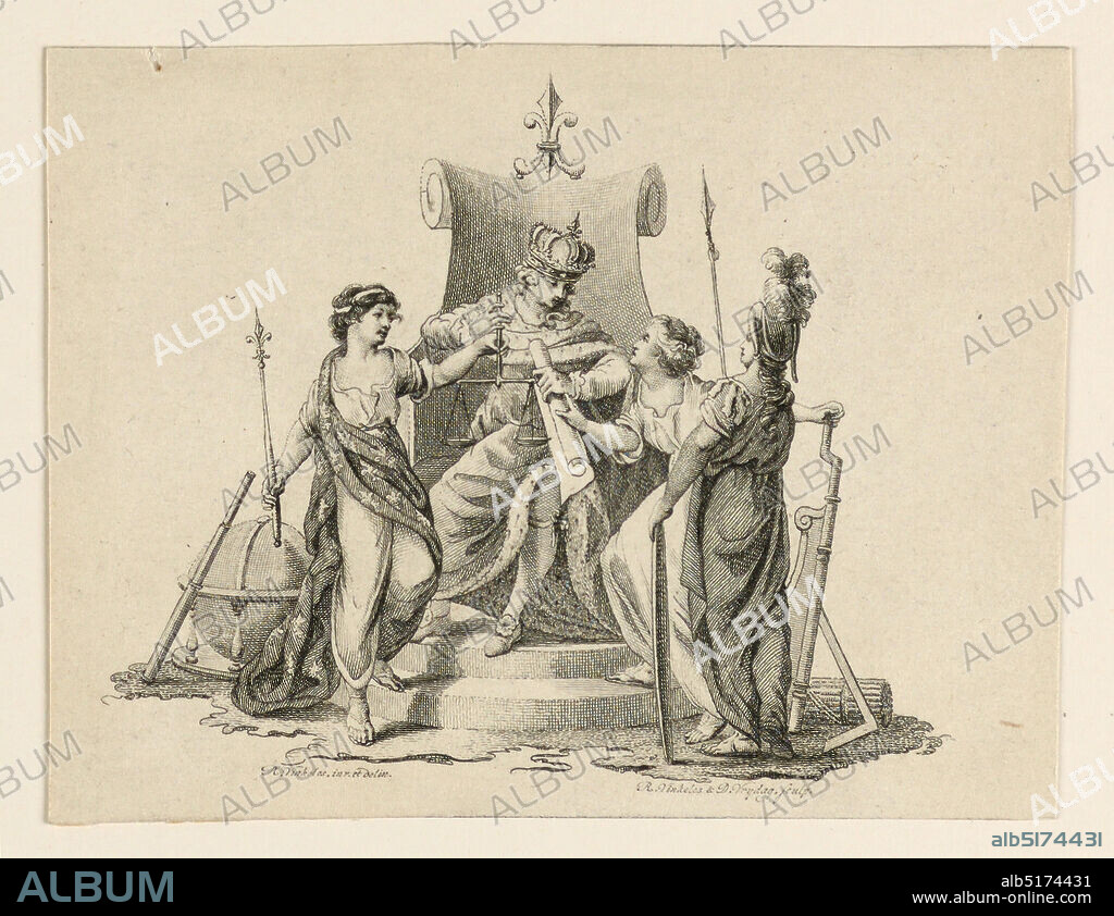 Allegory on Good Government, Reinier Vinkeles, Dutch, 1741 1816, Daniel Vrydag, Dutch, 1765 - 1822, Engraving on paper, Allegorical figures of Monarchy entrhoned, attended by Justice, Architecture, and Warfare., Netherlands, ca. 17901800, Print, Print.