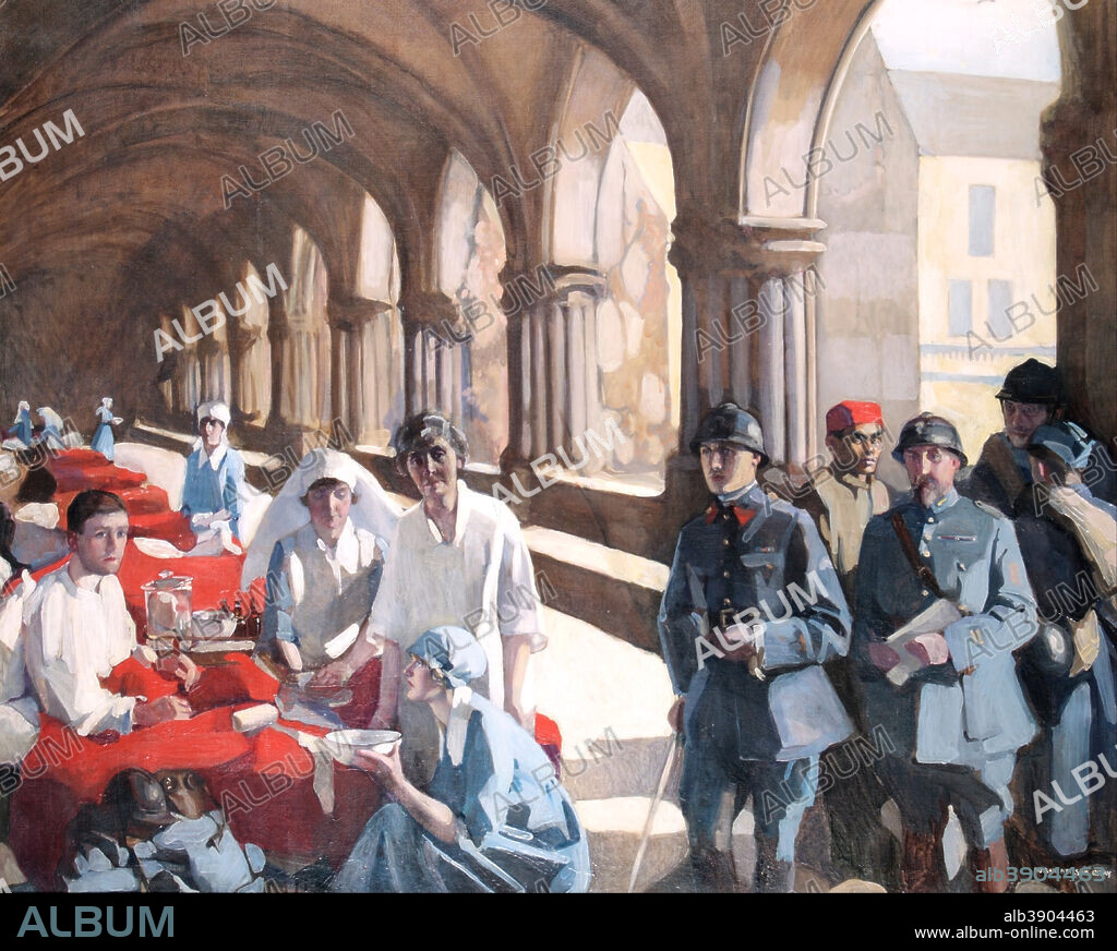 NORAH NEILSON-GRAY. The Scottish Women's Hospital : In The Cloister of the Abbaye at Royaumont. Dr. Frances Ivens inspecting a French patient. Date/Period: 1920. Painting. Oil. Height: 1,143 mm (45 in); Width: 1,397 mm (55 in).