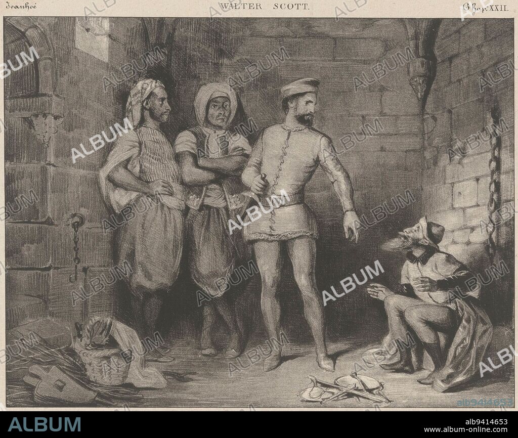 The scene is from the 22nd chapter of Walter Scott's novel Ivanhoe, Reginald Front-de-Boeuf threatens the Jew Isaac in a dungeon Walter Scott , print maker: Eugène Delacroix, (mentioned on object), printer: Armand Pierre Henri Gaugain, (mentioned on object), publisher: Henri & Cie Gaugain, (mentioned on object), print maker: Paris, printer: Paris, publisher: Paris, publisher: London, 1829, paper, h 256 mm × w 294 mm.
