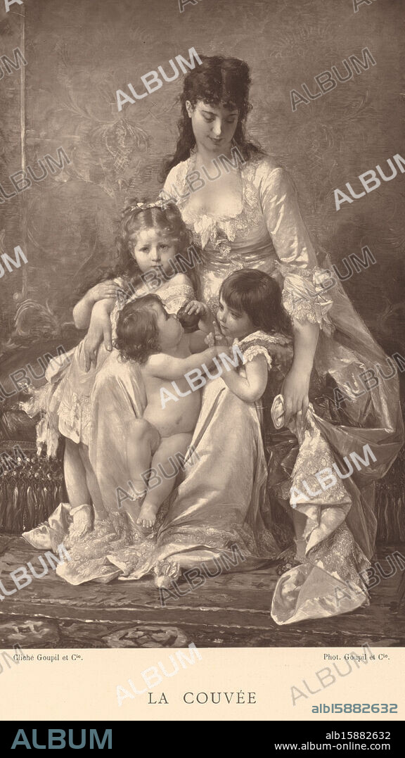 Photo reproduction of the painting 'La couvée' by Timoléon Lobrichon, La couvée (title on object), maker: Goupil & Cie., after painting by: Timoléon Marie Lobrichon, c. 1877 - in or before 1882, paper, height 250 mm × width 157 mm, photomechanical print.