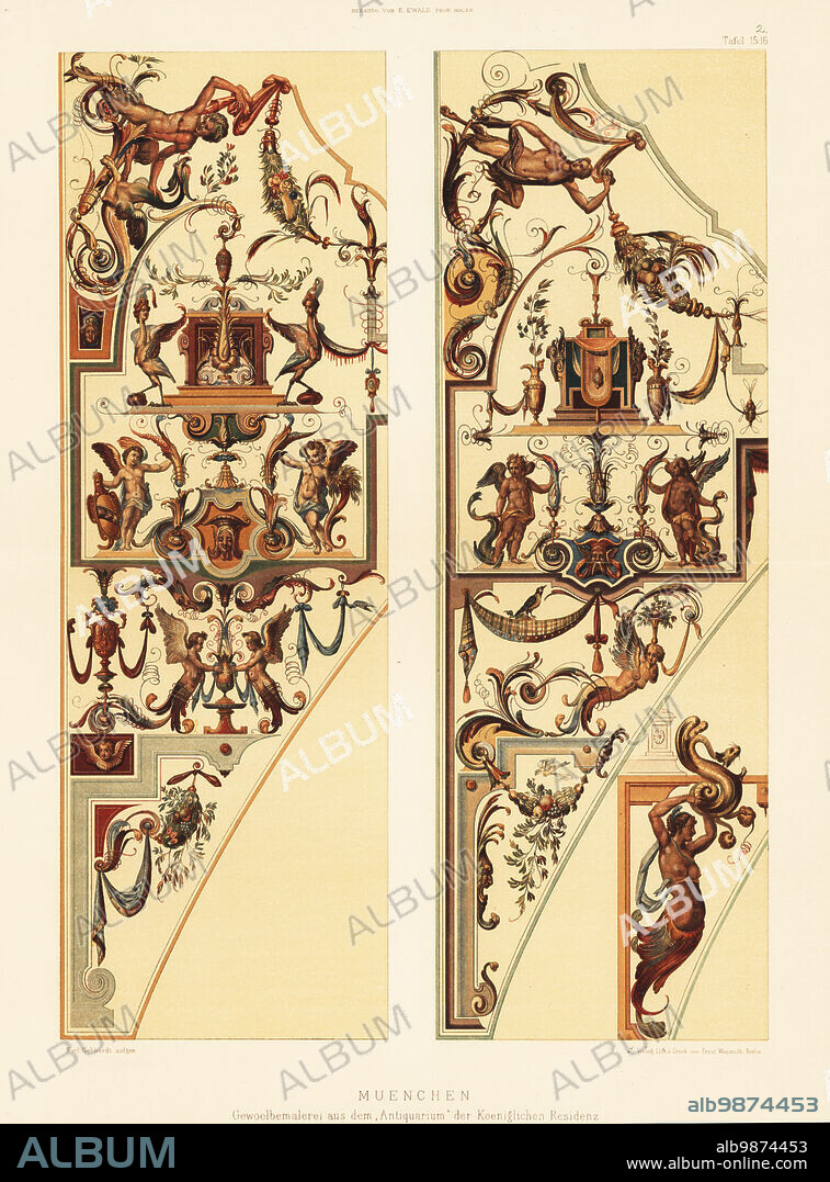 Vault paintings from the Antiquarium of the Munich Residenz, 16th century. Gewoelbemalerei aus dem Antiquarium der Koeniglichen Residenz, Muenchen. Chromolithograph by Karl Gebhardt from Ernst Ewalds Farbige decorationen, alter und never Zeit (Color decoration, ancient and new eras), Ernst Wasmuth, Berlin, 1896.