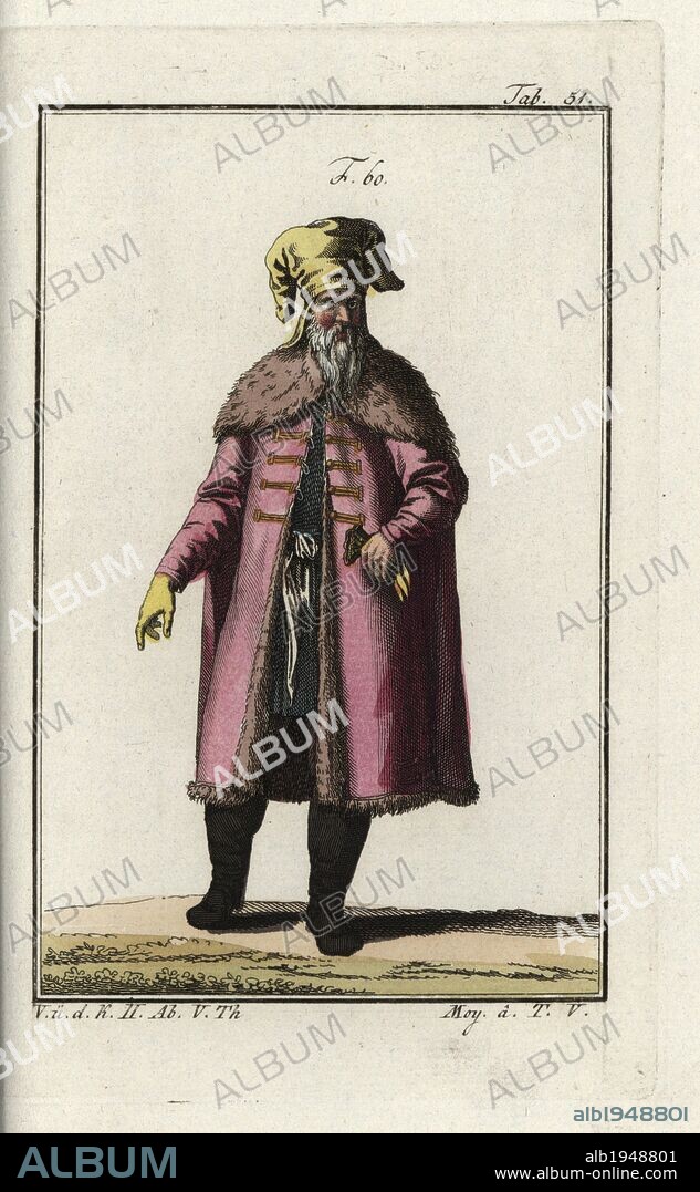 Prussian nobleman of the Middle Ages with a fur-trimmed coat and leather hat. Handcolored copperplate engraving from Robert von Spalart's "Historical Picture of the Costumes of the Principal People of Antiquity and of the Middle Ages," Vienna, 1811. Illustration based on Cesare Vecellio's Habiti Antichi e moderni, Venice, 1590.