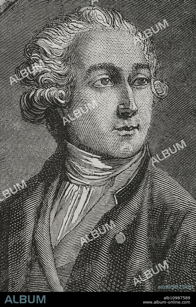 HIPPOLYTE DE LA CHARLERIE (1827-1869). BELGIAN ARTIST.. Antoine Lavoisier (Antoine-Laurent de Lavoisier (1743-1794). Químico francés. Retrato. Dibujo por Hippolyte de la Charlerie. Grabado. "Historia de la Revolución Francesa". Tomo I, 1876.