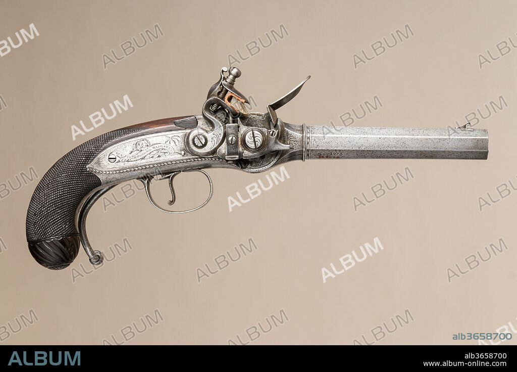 Flintlock Repeating Pistol with Lorenzoni Action, bearing the Crests of Vice Admiral Horatio Nelson, with Case and Accessories. Culture: British, London. Dimensions: Pistol (a); L. 14 1/2 in. (36.8 cm); L. of barrel 6 in. (15.2 cm); Cal. .55 in. (14 mm); Wt. 3 lb. 15 oz. (1786 g); reserve barrel (b); L. 6 1/8 in. (15.6 cm); Wt. 14.4 oz. (408.2 g); bullet mould (c); L. 5 3/8 in. (13.7 cm); Wt. 2.6 oz. (73.7 g); punch (d); L. 5 1/2 in. (14 cm); Wt. 4.4 oz. (124.7 g); wrench (e); L. 3 3/4 in. (9.5 cm); Wt. 1.6 oz. (45.4 g); case (f); H. 4 1/8 in. (10.5 cm); W. 15 9/16 in. (39.5 cm); D. 7 5/8 in. (19.4 cm); Wt. 6 lb. 7.2 oz. (2925.7 g). Gunsmith: Harvey Walklate Mortimer (British, Newcastle-under-Lyme 1753-1819 Hampstead-heath (now London)). Date: ca. 1798-1799.