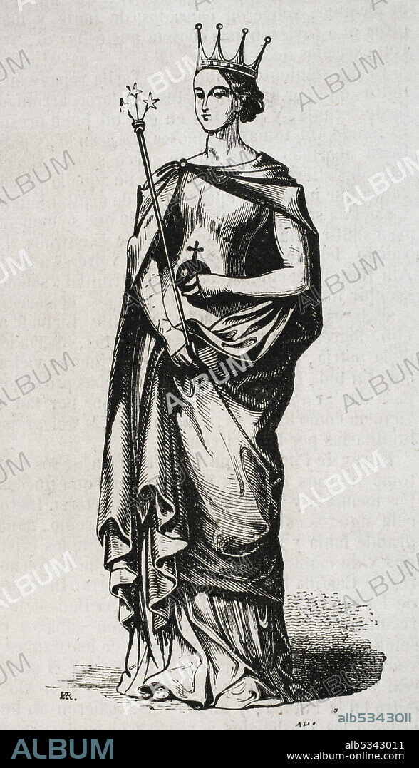 Leonor de Sicilia (1325-1375). Reina de Aragón 1349-1375). Tercera esposa del rey Pedro IV el Ceremonioso. Grabado. Historia General de España por el Padre Mariana. Madrid, 1852.