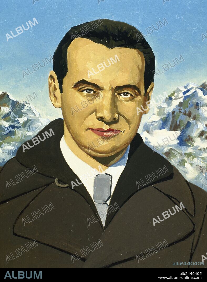 Federico Garcia Lorca (1898-1936). Spanish poet, playwright, and theatre director. Member of the Generation of '27. Portrait. Drawing and watercolor by the Spanish illustrator Francisco Fonollosa (d. late 20th century).