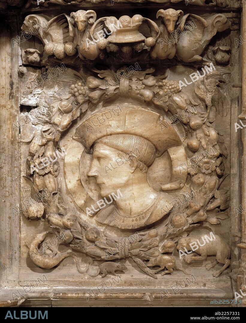 DAMIÀ FORMENT. FORMENT, DAMIAN. ESCULTOR ESPAÑOL. 1480-1541. AUTORRETRATO EN LA PREDELA DEL ALTAR MAYOR DE LA CATEDRAL DE HUESCA.
