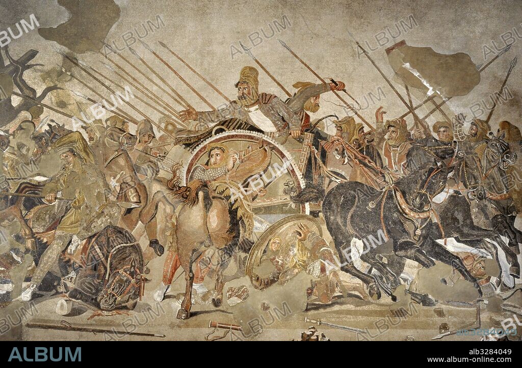 "BATALLA DE ISOS". Enfrentamiento entre ALEJANDRO MAGNO y el rey persa DARIO III en el año 333 a. C. Dario III en su carro con su mano extendida, y sus soldados intentándolo proteger. GUERRAS MEDICAS. Mosaico romano (siglos I o II a. C.), procedente de la Casa del Fauno, Pompeya. Museo Arqueológico Nacional. Nápoles. Italia.