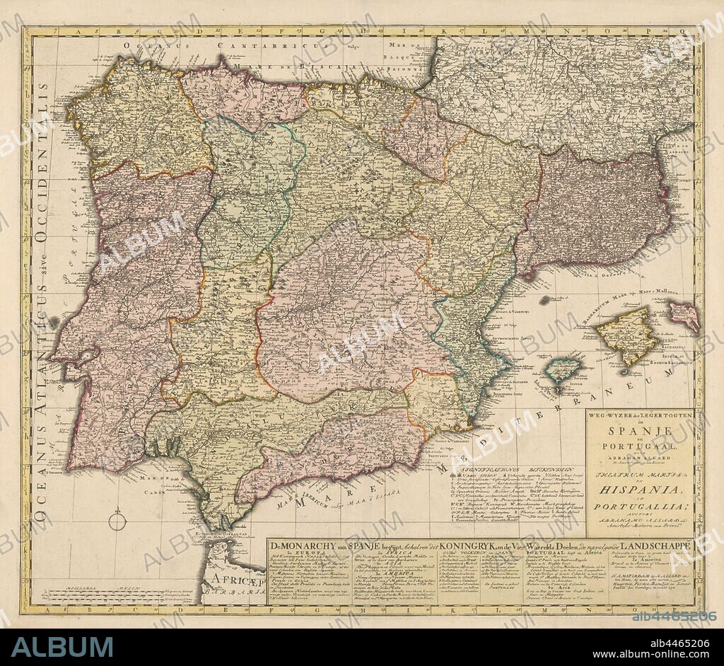 Cartography in the Netherlands, map of Spain and Portugal, Map of Spain and Portugal, colored areas, yellow borders. R.o. legend, m.o. to r.o. text (enumeration in six columns that also include Portugal's possessions). L.o. compass rose and scale in Spanish and German miles and times. Inscription, r.o .: -WHERE OF THE ARMY DOGS / in SPAIN / en / PORTUGAL - THEATER MARTIS / IN / HISPANIA / ET / PORTUGALIA. Signed, r.o .: By ABRAHAM ALLARD / AUCTORE ABRAHAMO ALLARD., Abraham Allard, Amsterdam, 1675 - 1725, paper, engraving, h 50.4 cm × w 58.6 cm.