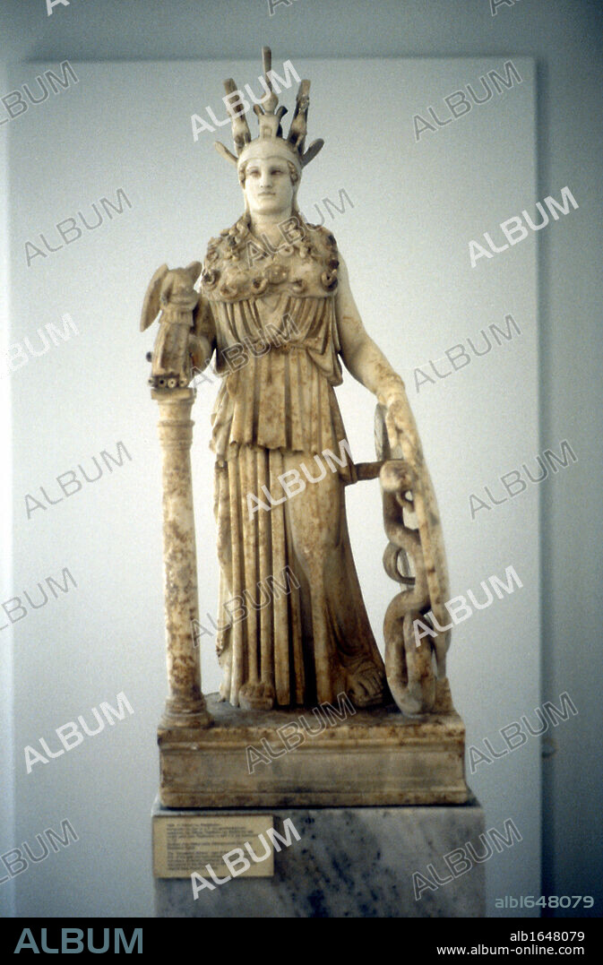 Athena of Varvakion. Roman copy of gold and ivory ceremonial statue of the goddess by Pheidias which stood at the Parthenon, Athens. Pallas Athene, patron goddess of Athens and of wisdom and arts and crafts. Minerva in Roman pantheon. Athens Museum.