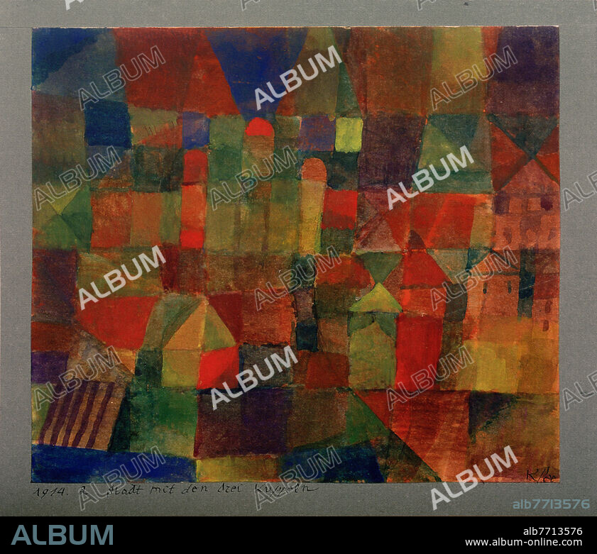 PAUL KLEE. Klee, Paul. 1879-1940. "Stadt mit den drei Kuppeln", 1914.2. Aquarell, Gouache und Bleistift auf Papier auf grünem Karton, oben angesetzt, auf Karton, 16,5 × 18,5 cm. Inv. Nr. Im 1301; Sammlung Im Obersteg, Basel, Kunstmuseum.